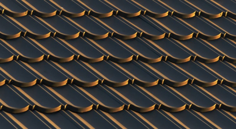 Close-up of a tiled residential roof lit by low evening sun